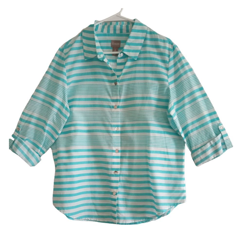 Chicos Button Down Shirt Women 2 US L/12 Teal White Stripes Lightweight
